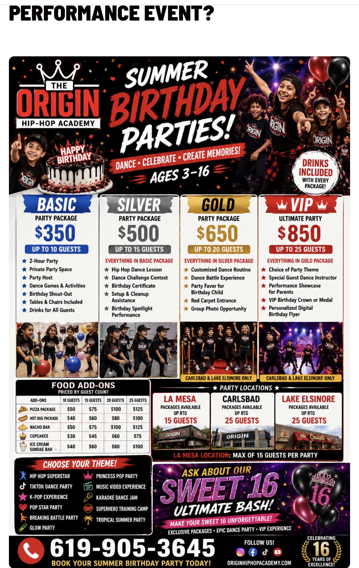 Origin birthday party flyer with Basic 350 dollars for 10 guests, Silver 500 dollars for 15, Gold 650 dollars for 20, and VIP 850 dollars for 25, plus party themes and food add-ons